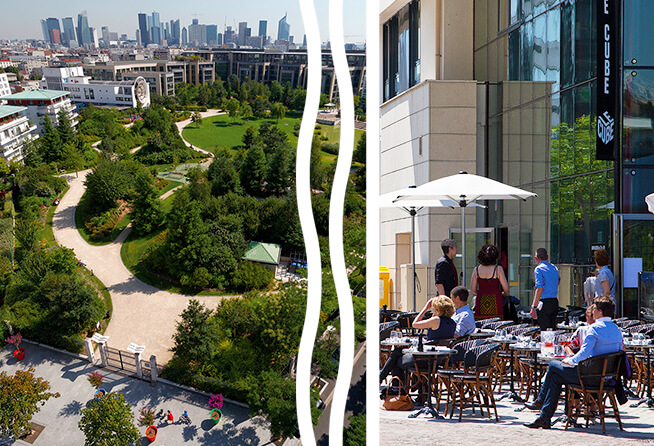 Vue aérienne du parc des Bruyères et vue d'une terrasse de restaurant dans le quartier des Bruyères
