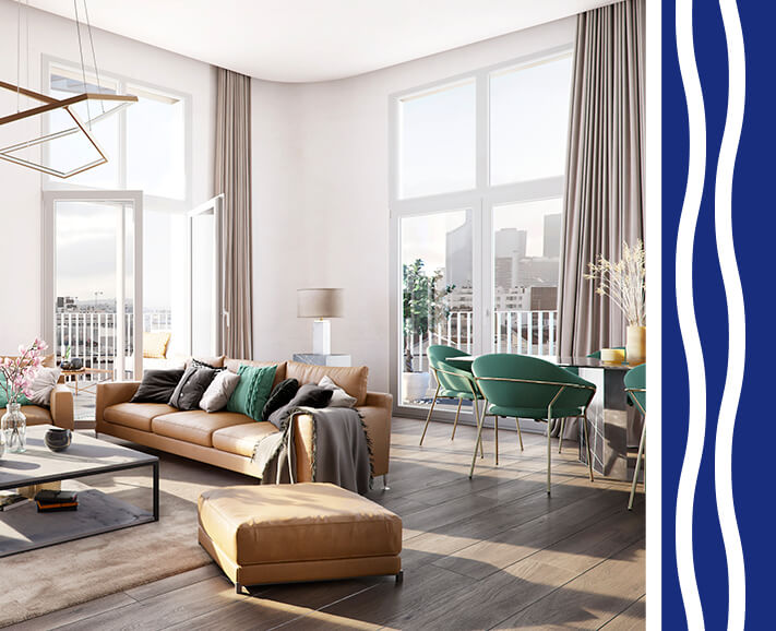 Perspective intérieure vue balcon de la résidence L'Ove signée Sefri-Cime