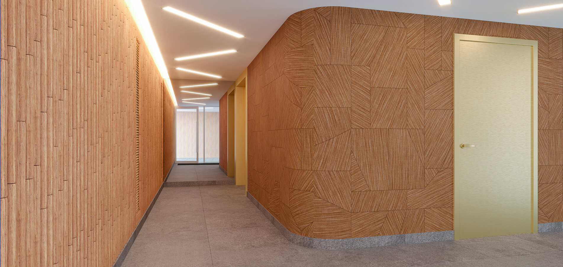 Perspective intérieure du hall de la résidence L'Ove à Courbevoie signée Sefri-Cime