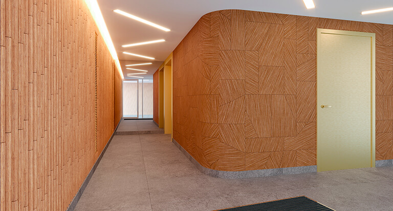 Perspective intérieure du hall de la résidence L'Ove à Courbevoie signée Sefri-Cime