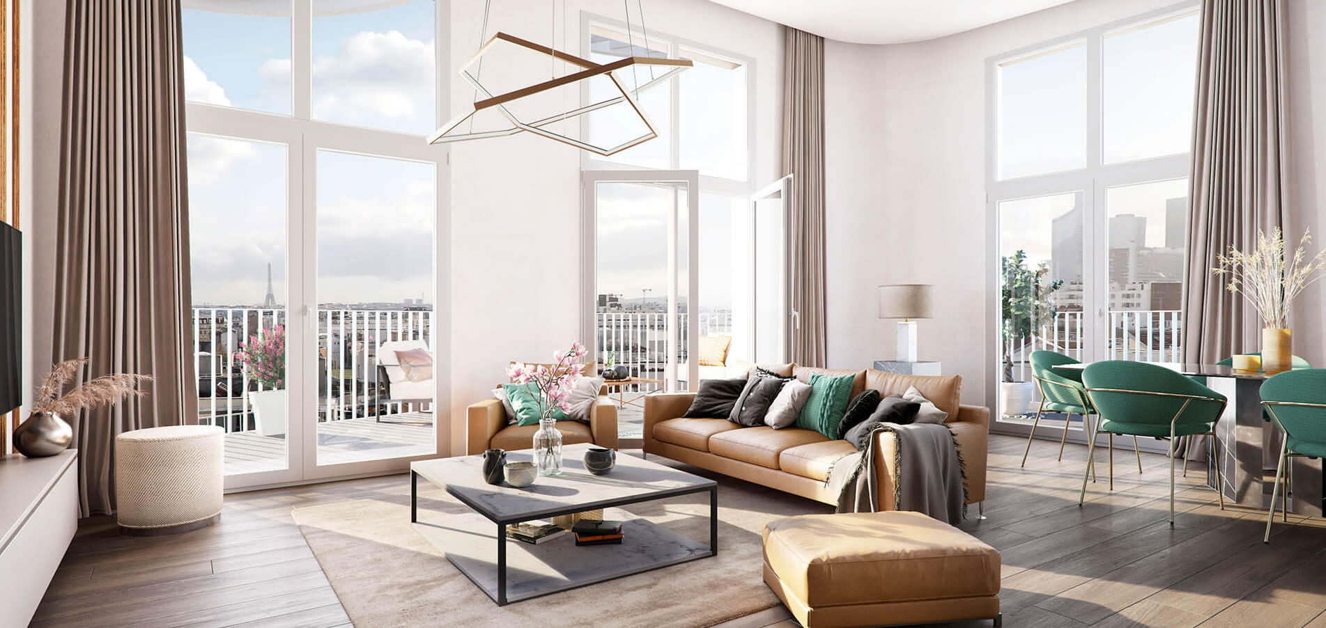 Perspective intérieure salon de la résidence L'Ove à Courbevoie signée Sefri-Cime