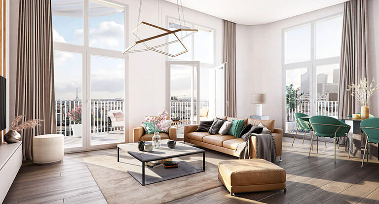 Perspective intérieure salon de la résidence L'Ove à Courbevoie signée Sefri-Cime